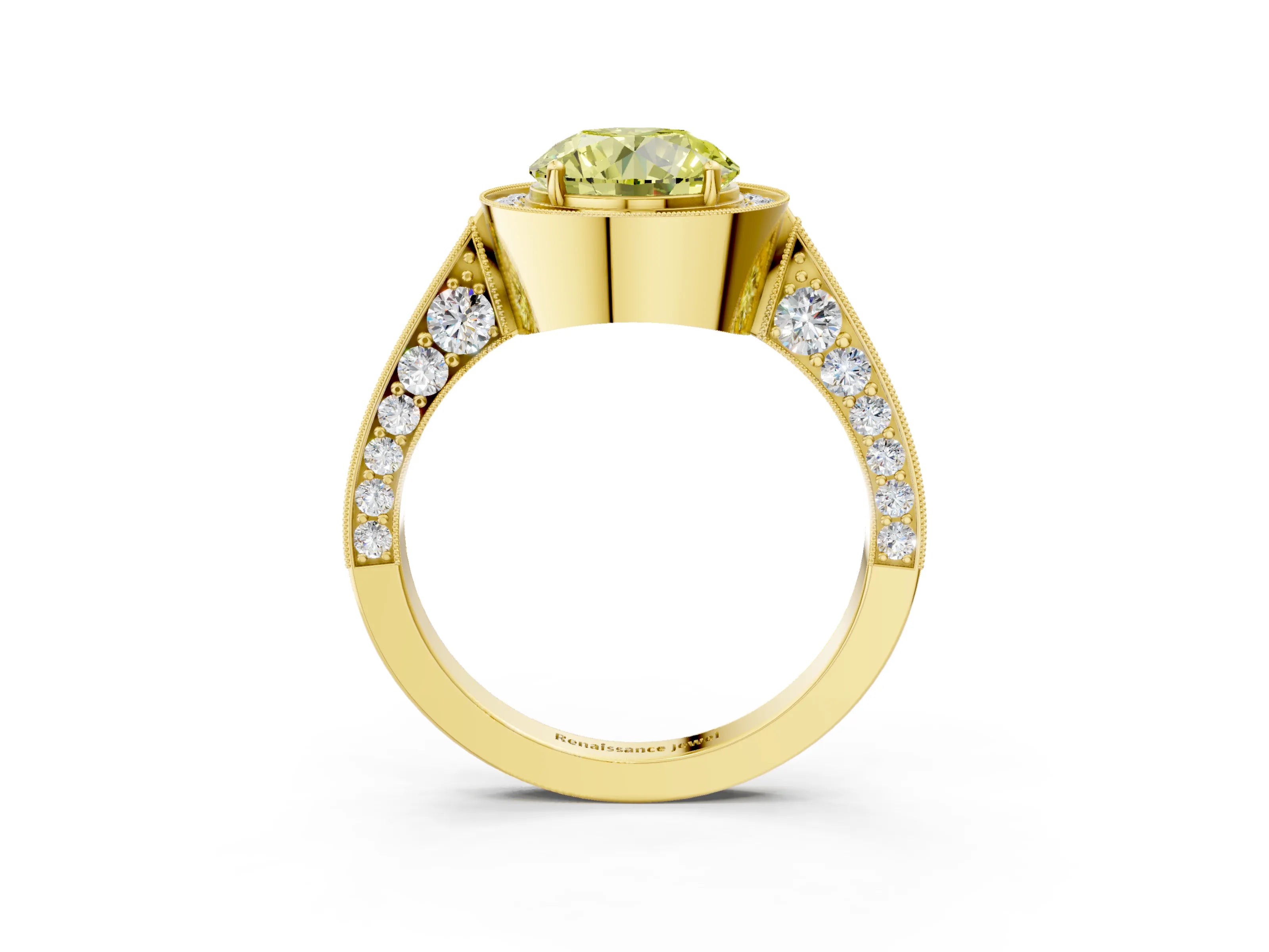 Yellow gold Fancy Yellow Round Cut Halo Diamond Engagement Ring with Split Shank Band and Four-Prong Setting_3
