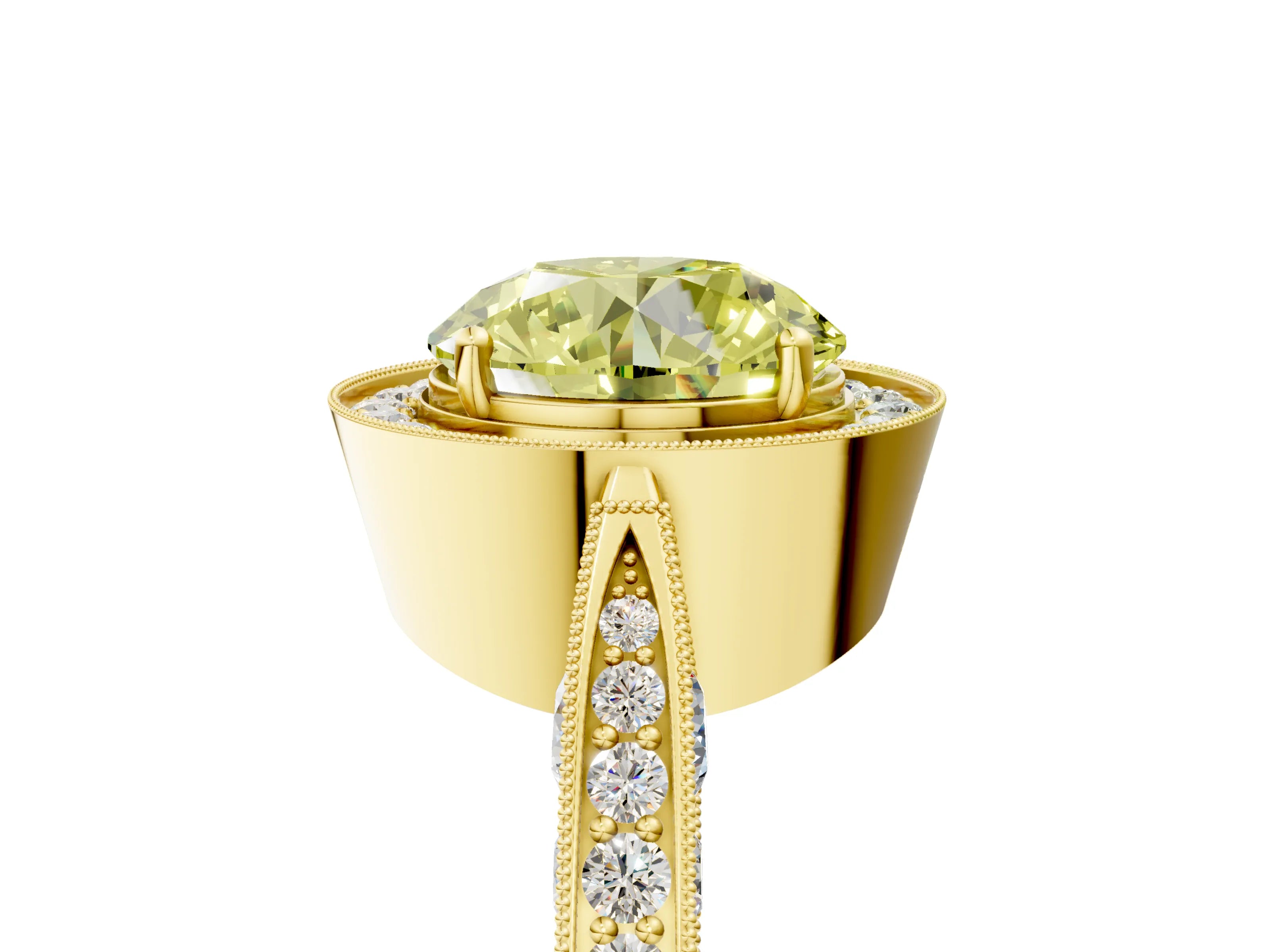 Yellow gold Fancy Yellow Round Cut Halo Diamond Engagement Ring with Split Shank Band and Four-Prong Setting_5