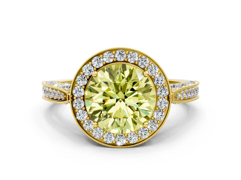 Yellow gold Fancy Yellow Round Cut Halo Diamond Engagement Ring with Split Shank Band and Four-Prong Setting