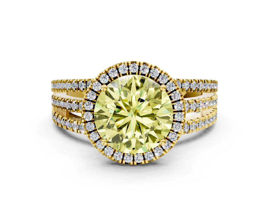 Yellow gold Fancy Yellow Round  Cut Halo Diamond Engagement Ring with Split Shank and Four-Prong Setting