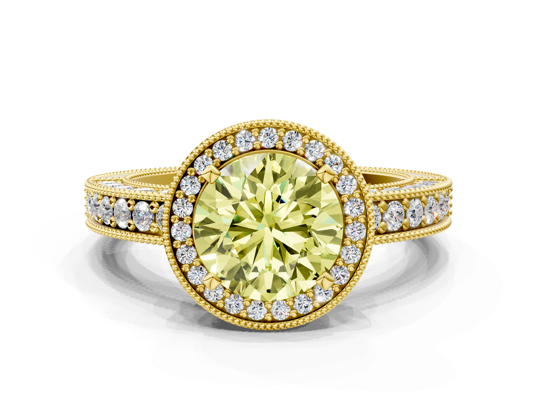 Yellow gold Fancy Yellow Round  Cut Halo Diamond Pave Band Ring with Four-Prong Setting