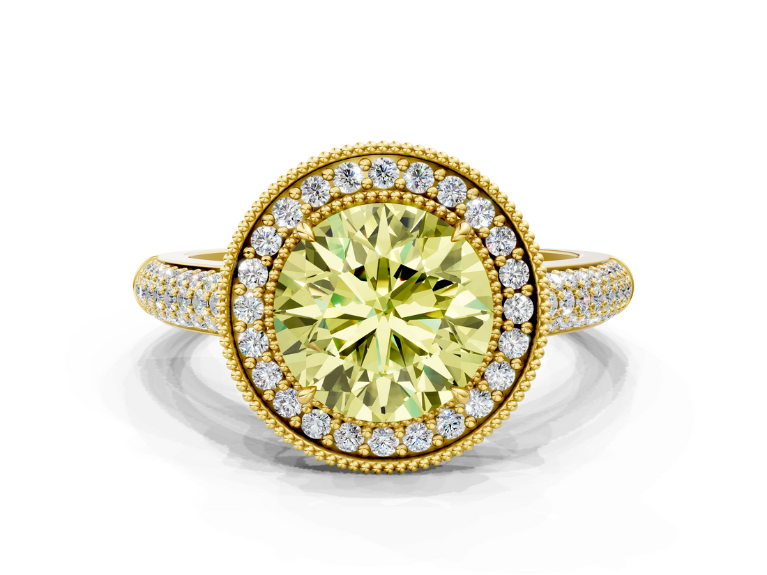Yellow gold Fancy Yellow Round  Cut Halo Diamond Pave Band with Four-Prong Setting