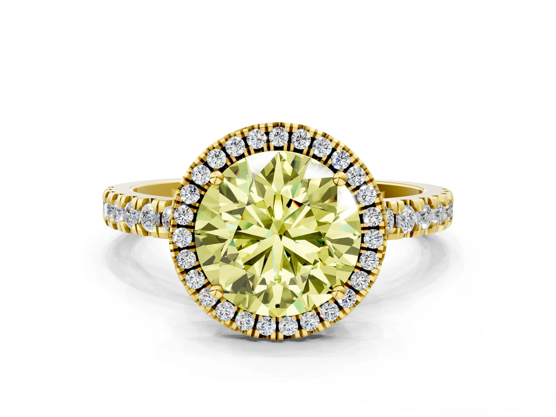 Yellow gold Fancy Yellow Round Cut Halo Diamond Pave Band with Prong Setting