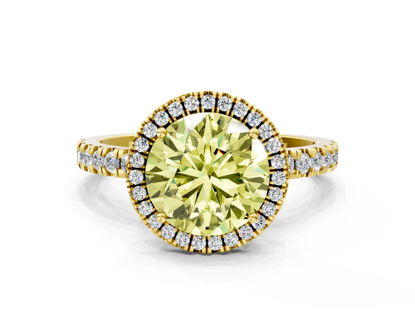 Yellow gold Fancy Yellow Round Cut Halo Diamond Pave Band with Prong Setting