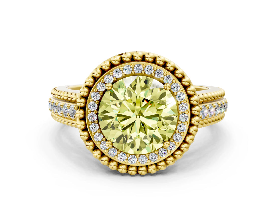 Yellow gold Fancy Yellow Round Cut Halo Diamond Ring with Beaded Split Shank and Four-Prong Setting