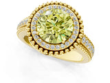 Yellow gold Fancy Yellow Round Cut Halo Diamond Ring with Beaded Split Shank and Four-Prong Setting_1