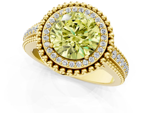 Yellow Gold Round Beaded Halo Engagement Ring Setting for Fancy Yellow Center with Pave