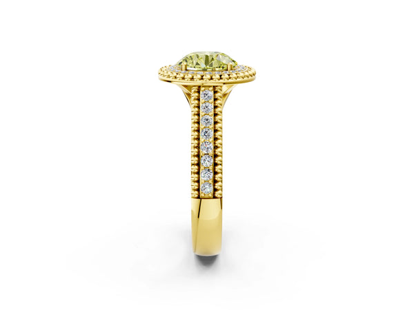 Yellow Gold Round Beaded Halo Engagement Ring Setting for Fancy Yellow Center with Pave