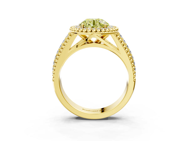 Yellow Gold Round Beaded Halo Engagement Ring Setting for Fancy Yellow Center with Pave