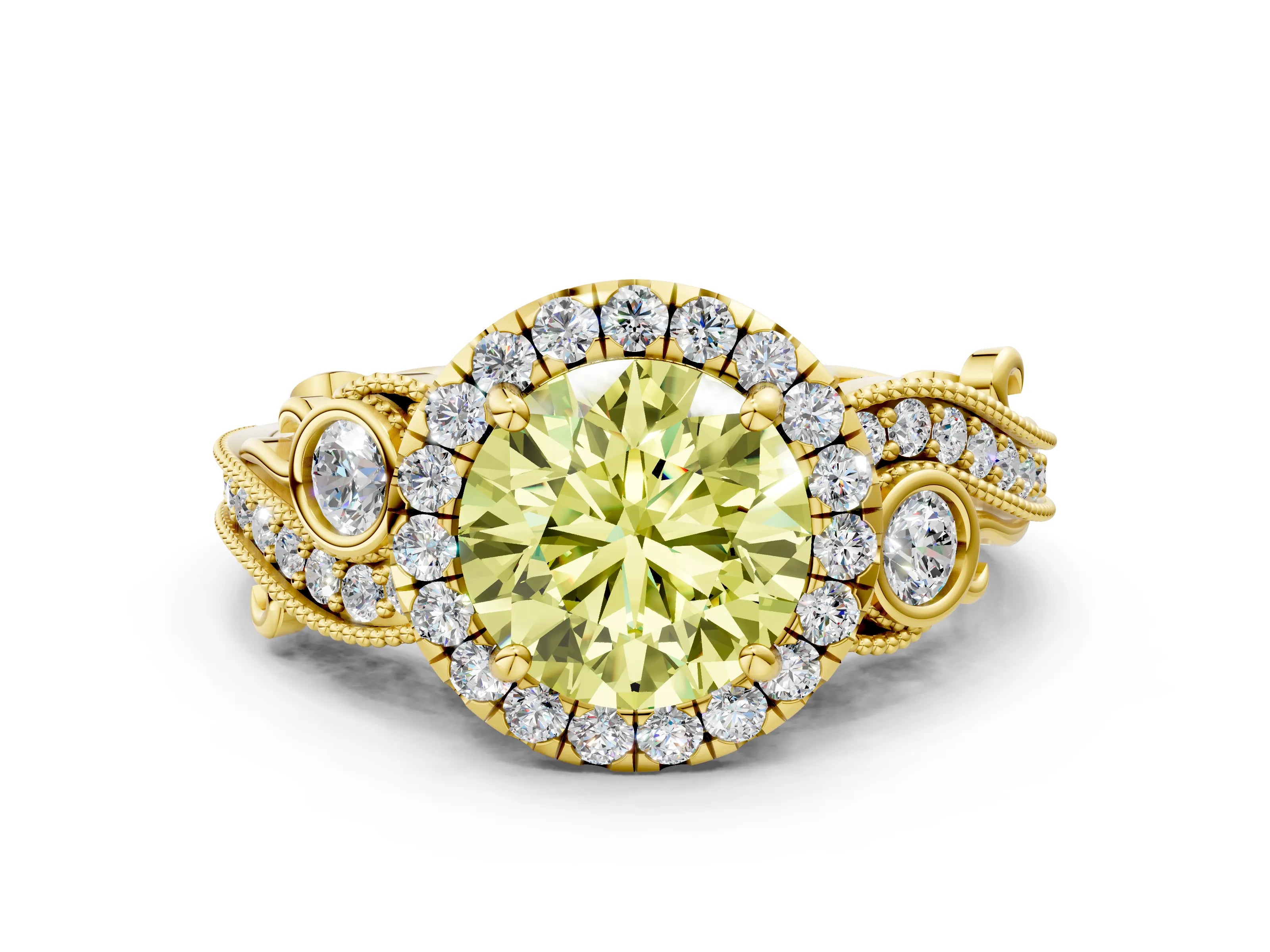 Yellow gold Fancy Yellow Round Cut Halo Diamond Ring with Milgrain and Bezel Accents on a Split Shank Band
