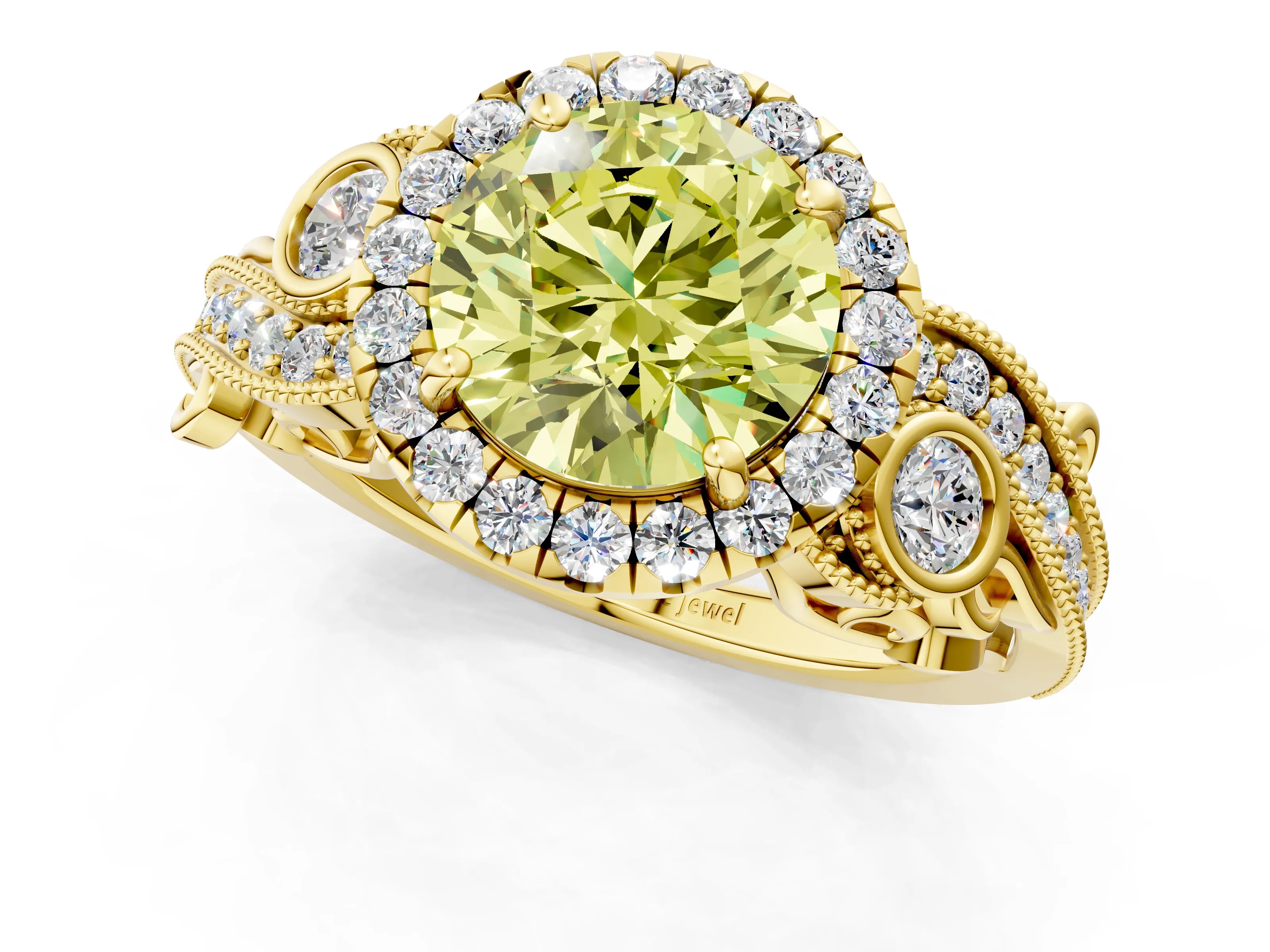 Yellow gold Fancy Yellow Round Cut Halo Diamond Ring with Milgrain and Bezel Accents on a Split Shank Band_1