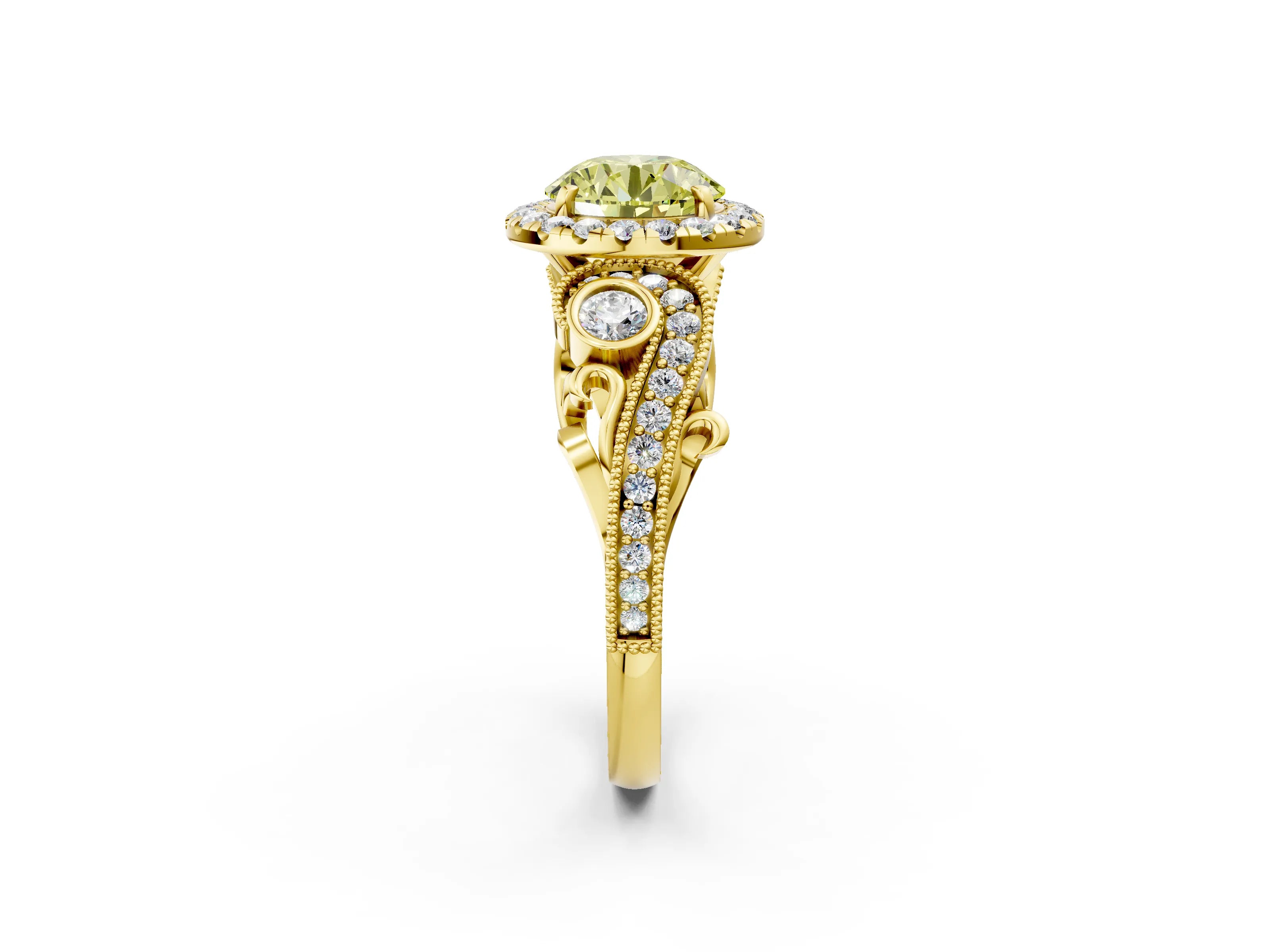 Yellow gold Fancy Yellow Round Cut Halo Diamond Ring with Milgrain and Bezel Accents on a Split Shank Band_2