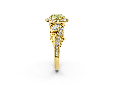 Yellow gold Fancy Yellow Round Cut Halo Diamond Ring with Milgrain and Bezel Accents on a Split Shank Band_2