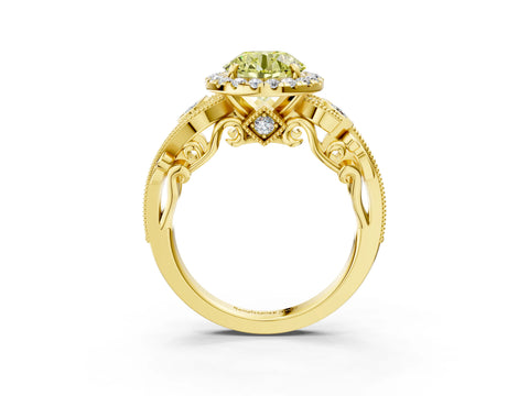 Yellow gold Fancy Yellow Round Cut Halo Diamond Ring with Milgrain and Bezel Accents on a Split Shank Band_3