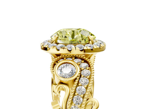 Yellow gold Fancy Yellow Round Cut Halo Diamond Ring with Milgrain and Bezel Accents on a Split Shank Band_5