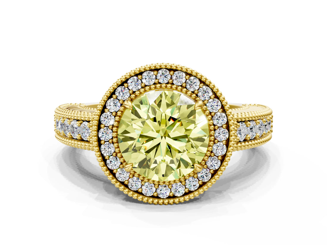 Yellow gold Fancy Yellow Round  Cut Halo Diamond Ring with Pavé Band and Four-Prong Setting_29