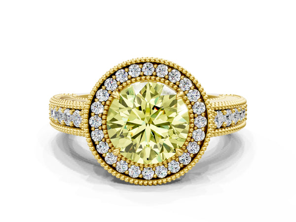 Yellow gold Fancy Yellow Round  Cut Halo Diamond Ring with Pavé Band and Four-Prong Setting