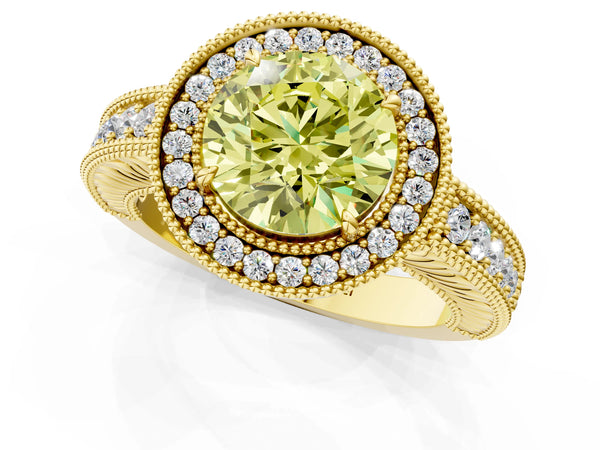 Yellow gold Fancy Yellow Round  Cut Halo Diamond Ring with Pavé Band and Four-Prong Setting