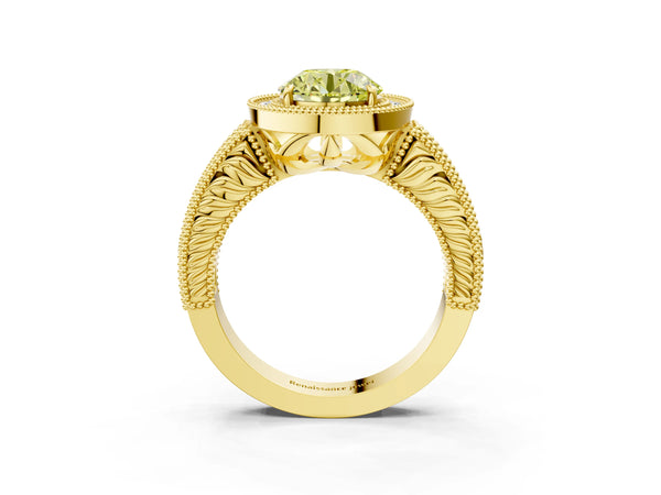 Yellow gold Fancy Yellow Round  Cut Halo Diamond Ring with Pavé Band and Four-Prong Setting
