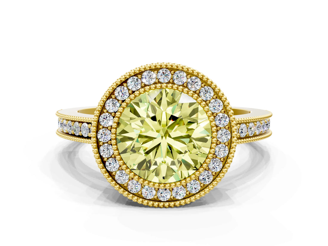 Yellow gold Fancy Yellow Round  Cut Halo Diamond Ring with Pavé Band and Milgrain Prong Setting_32
