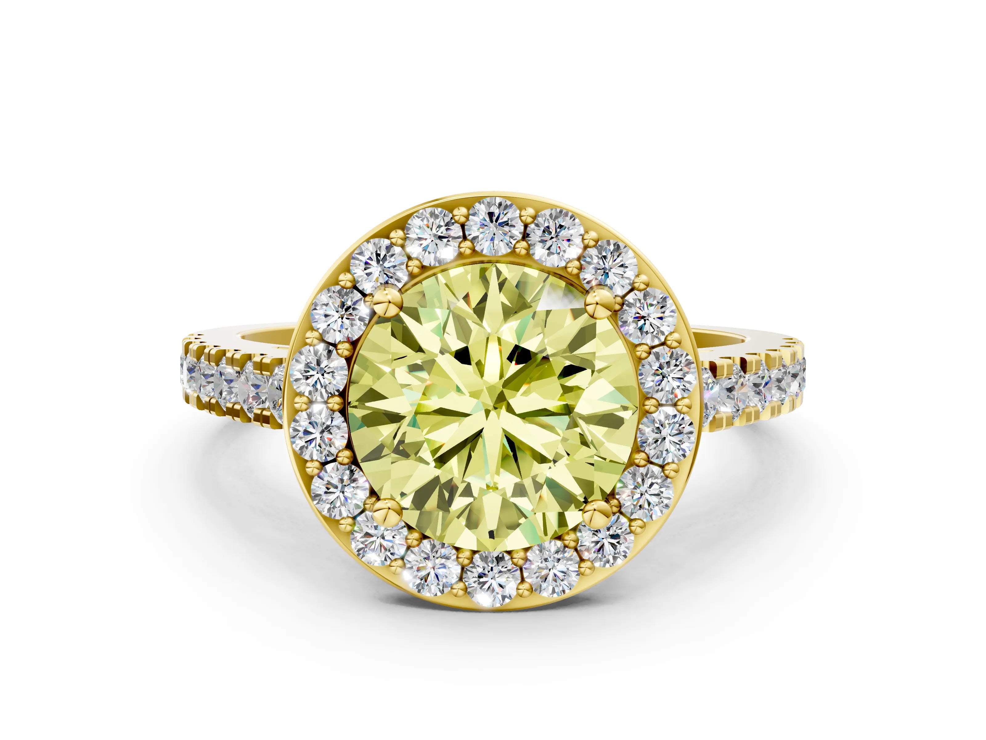 Yellow gold Fancy Yellow Round Cut Halo Diamond Ring with Pavé Band and Three-Prong Setting