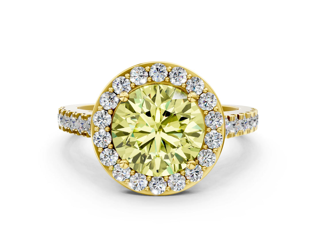 Yellow gold Fancy Yellow Round Cut Halo Diamond Ring with Pavé Band and Three-Prong Setting