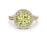 Yellow gold Fancy Yellow Round Cut Halo Diamond Ring with Pavé Band and Three-Prong Setting