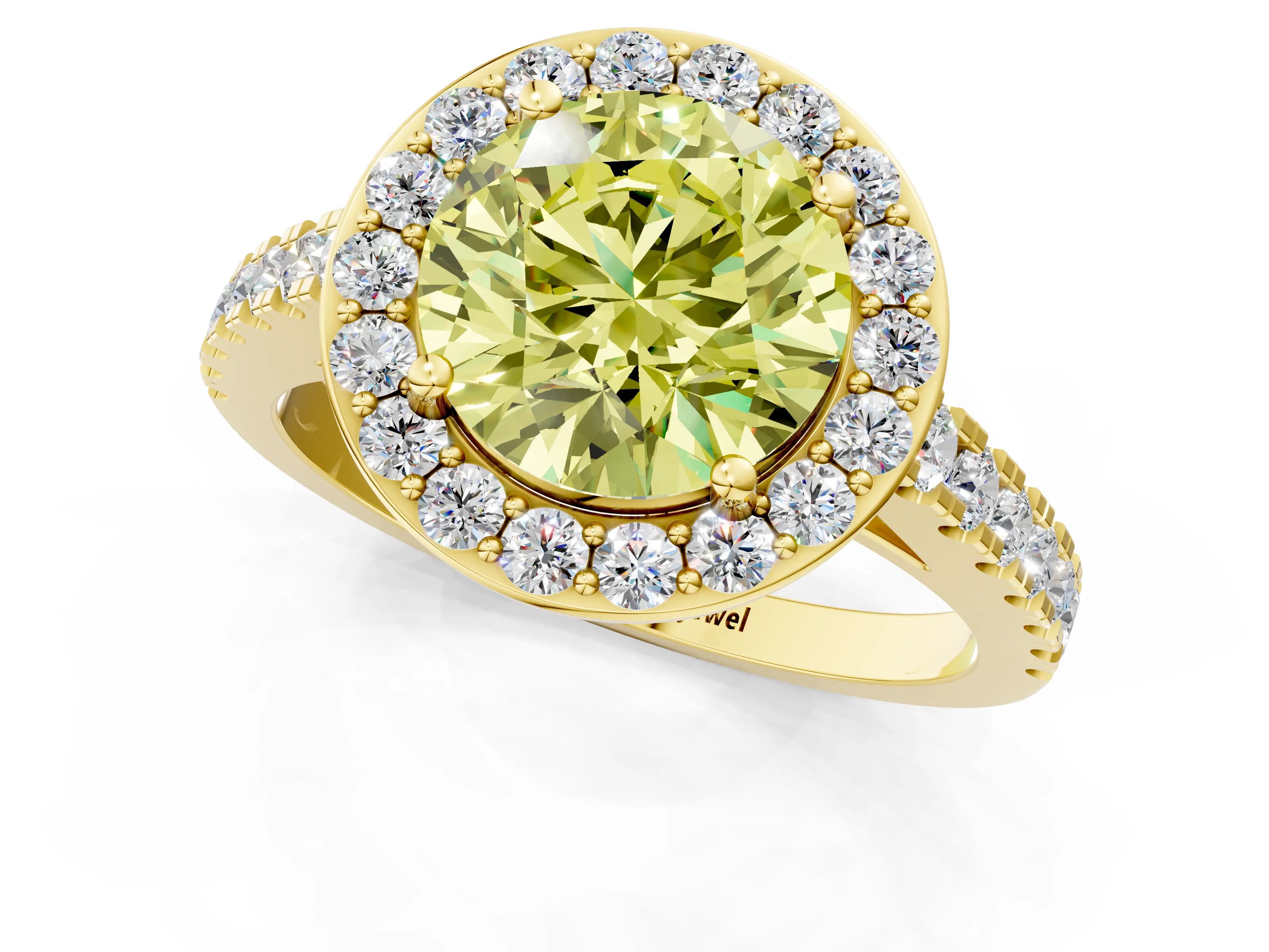 Yellow gold Fancy Yellow Round Cut Halo Diamond Ring with Pavé Band and Three-Prong Setting_1