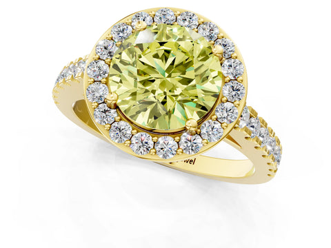 Yellow gold Fancy Yellow Round Cut Halo Diamond Ring with Pavé Band and Three-Prong Setting_1