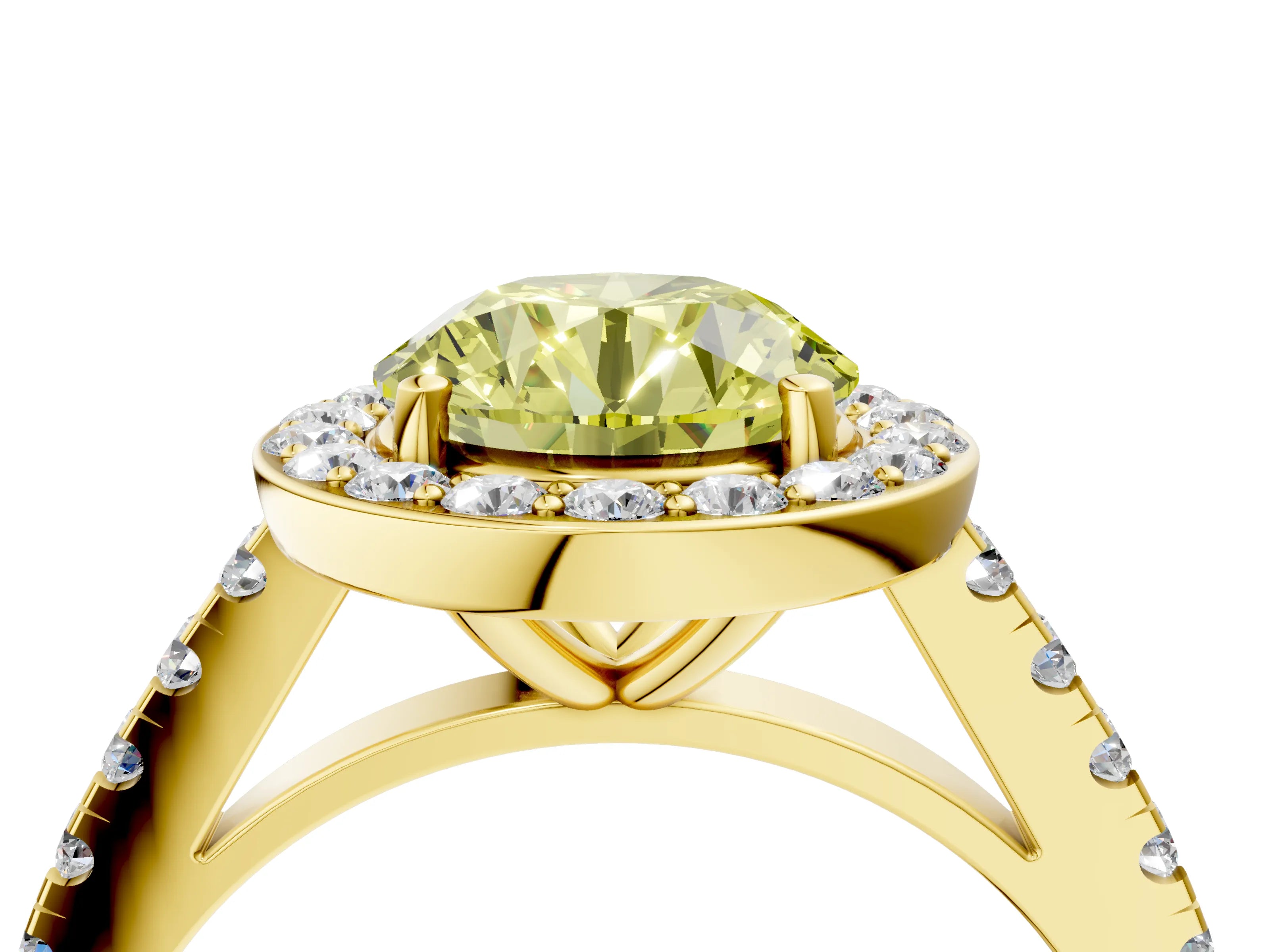 Yellow gold Fancy Yellow Round Cut Halo Diamond Ring with Pavé Band and Three-Prong Setting_4