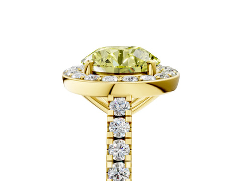 Yellow gold Fancy Yellow Round Cut Halo Diamond Ring with Pavé Band and Three-Prong Setting_5