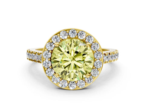 Yellow gold Fancy Yellow Round Cut Halo Diamond Ring with Pavé Band and Three-Prong Setting