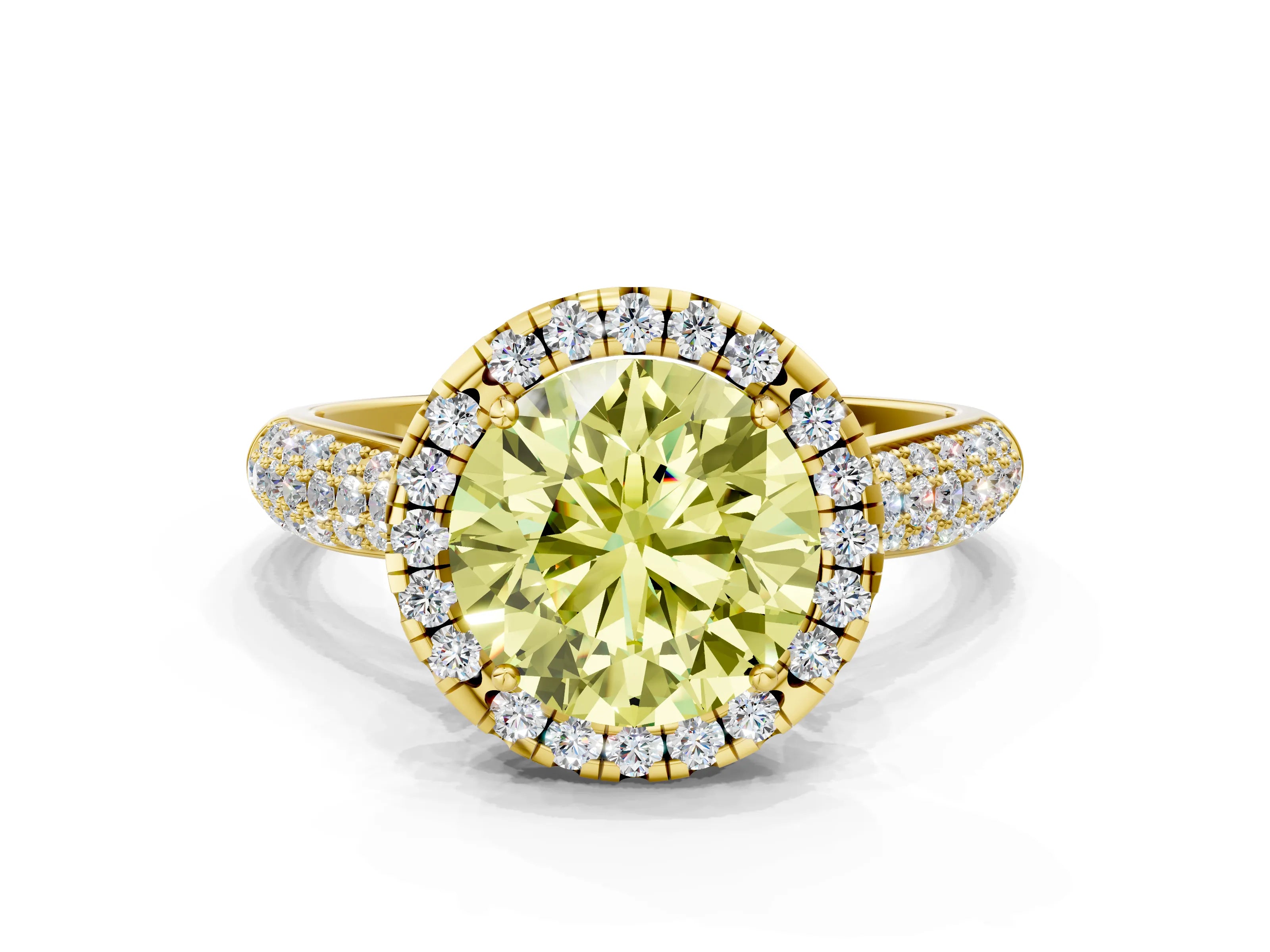 Yellow gold Fancy Yellow Round Cut Halo Diamond Ring with Pavé Band