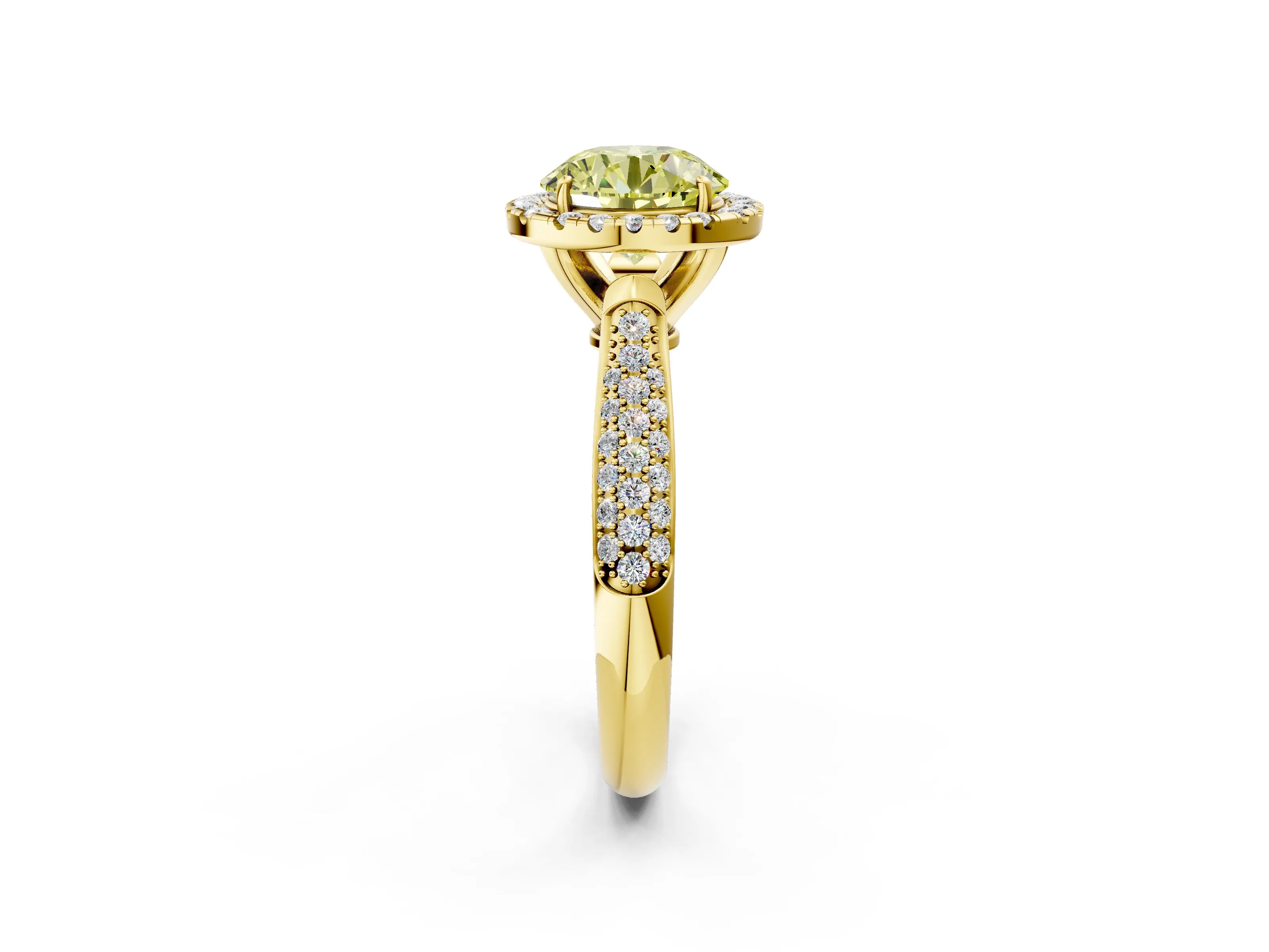 Yellow gold Fancy Yellow Round Cut Halo Diamond Ring with Pavé Band_2