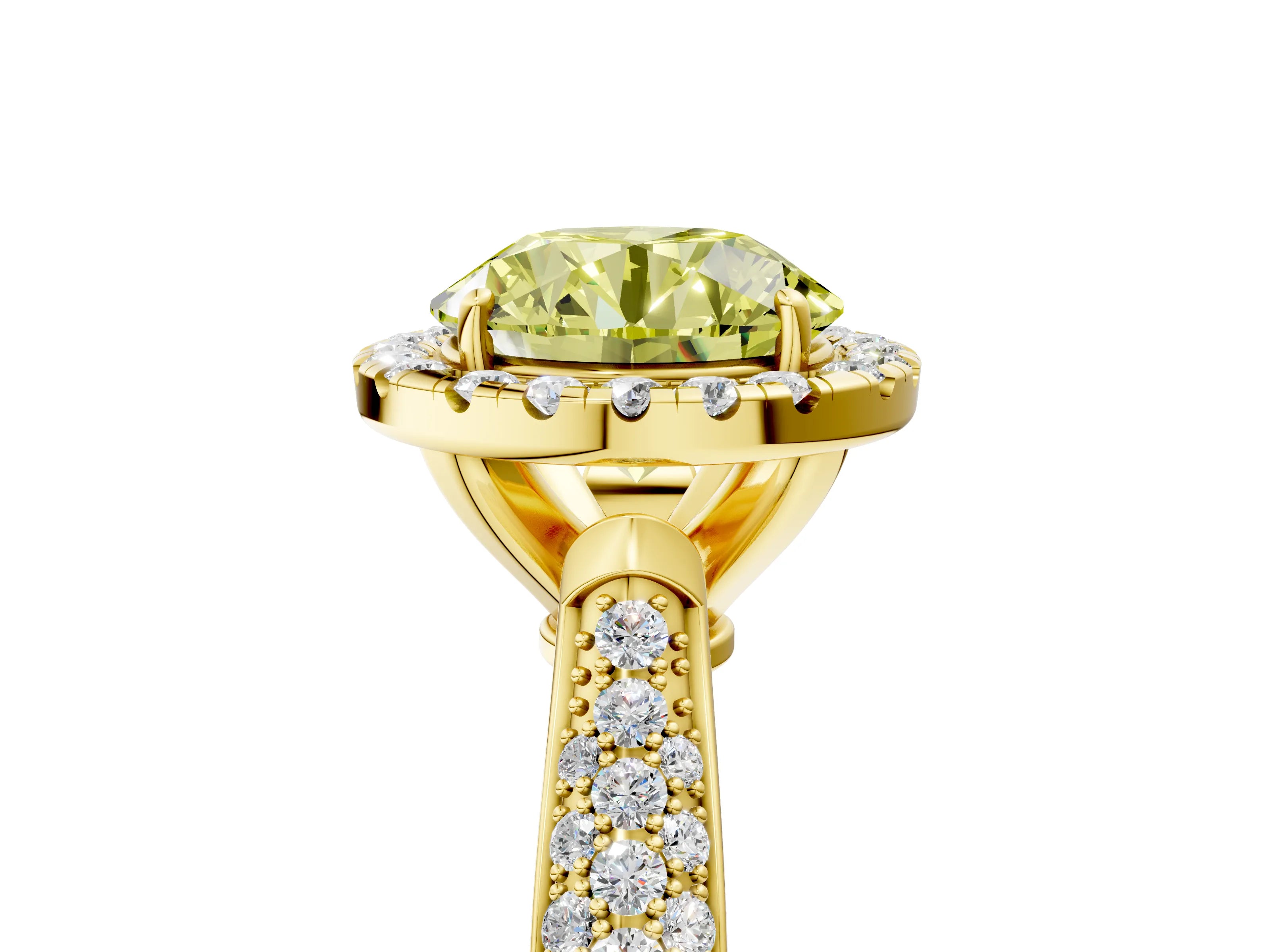 Yellow gold Fancy Yellow Round Cut Halo Diamond Ring with Pavé Band_5
