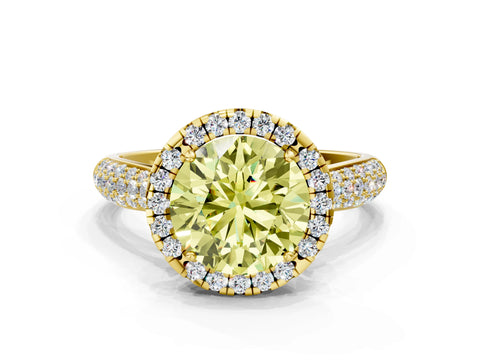 Yellow gold Fancy Yellow Round Cut Halo Diamond Ring with Pavé Band