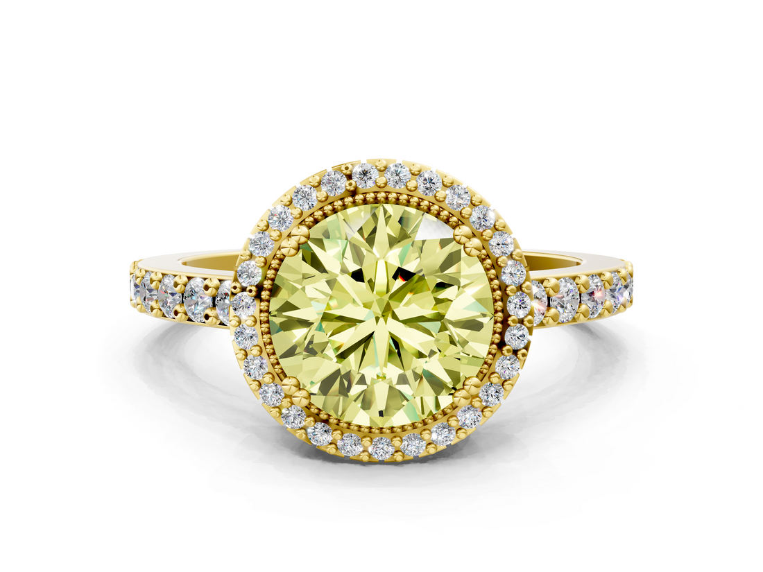 Yellow gold Fancy Yellow Round  Cut Halo Diamond Ring with Pave Band and Four-Prong Setting