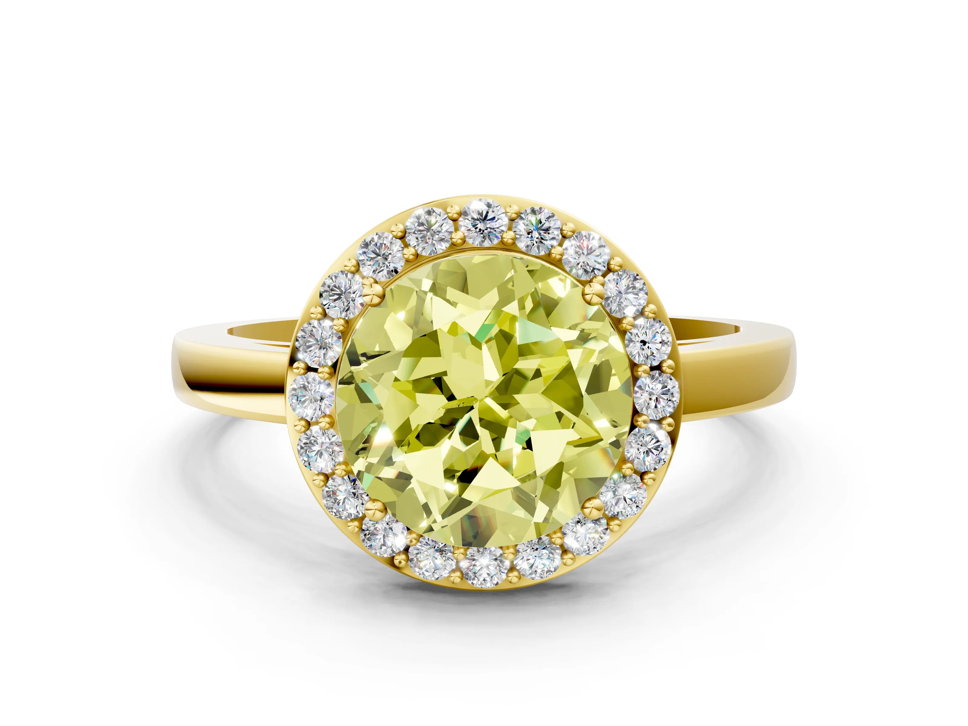 Yellow gold Fancy Yellow Round Cut Halo Diamond Ring with Solitaire Band and Prong Setting