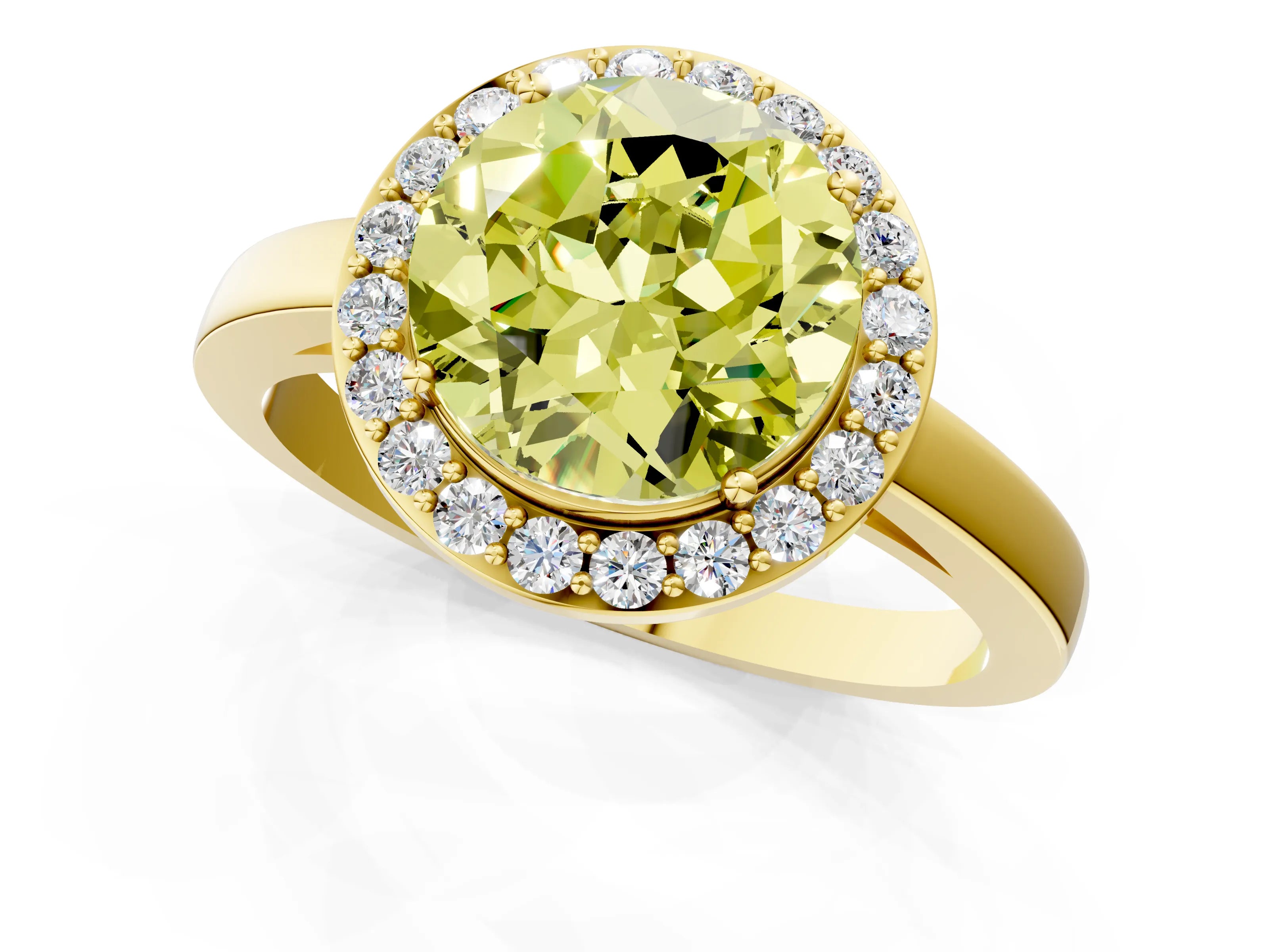 Yellow gold Fancy Yellow Round Cut Halo Diamond Ring with Solitaire Band and Prong Setting_1