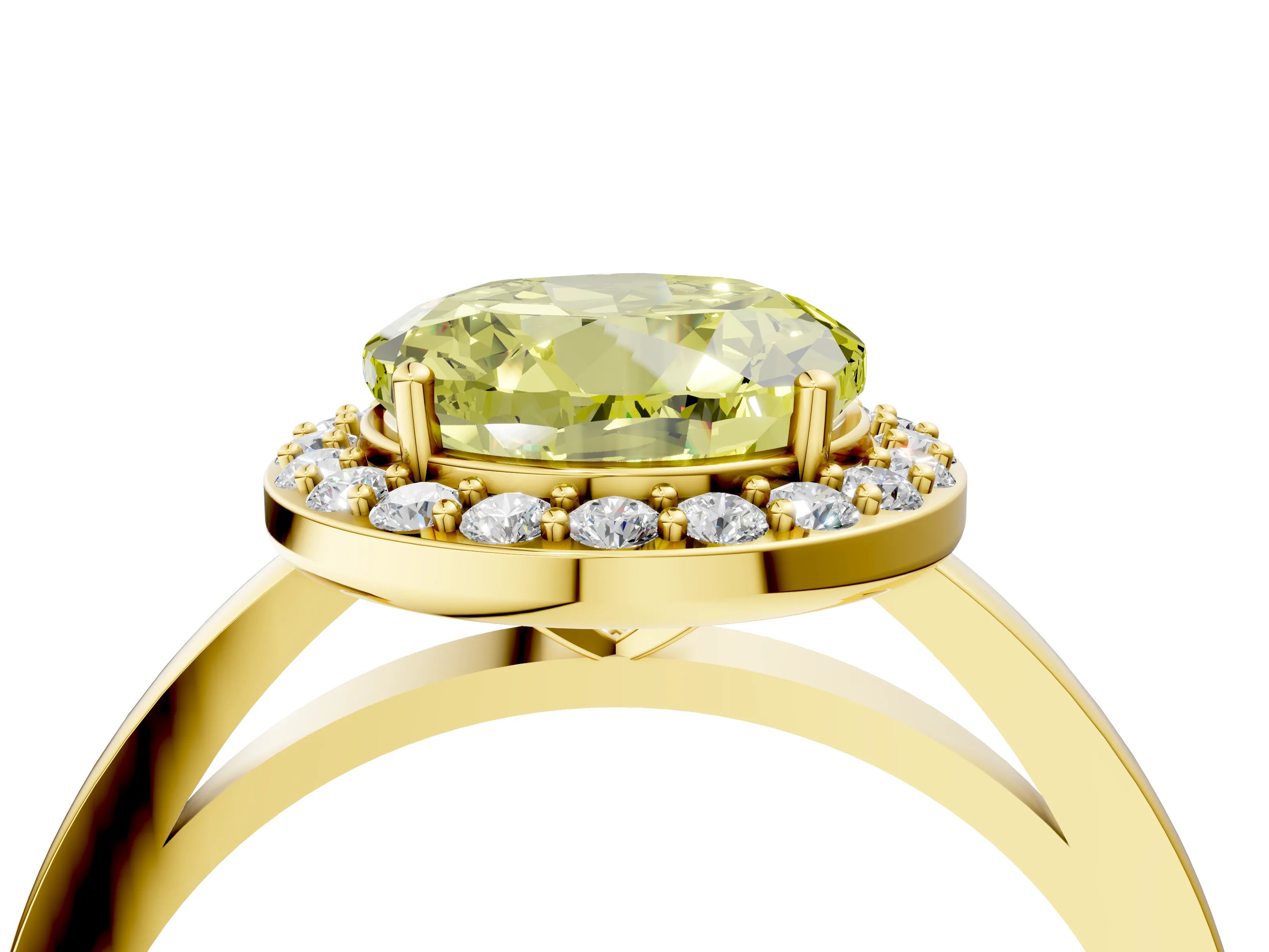 Yellow gold Fancy Yellow Round Cut Halo Diamond Ring with Solitaire Band and Prong Setting_4
