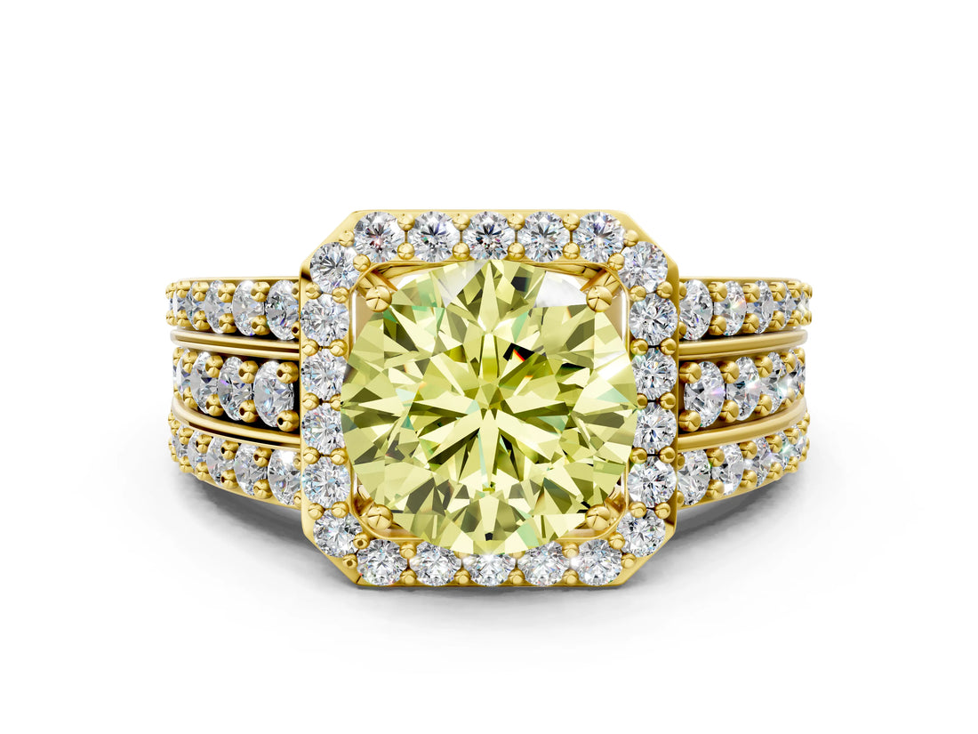Yellow gold Fancy Yellow Round Cut Halo Diamond Ring with Split Shank and Four-Prong Setting_25