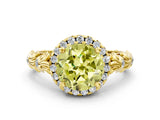 Yellow gold Fancy Yellow Round Cut Halo Diamond Solitaire with Filigree Band and Four-Prong Setting