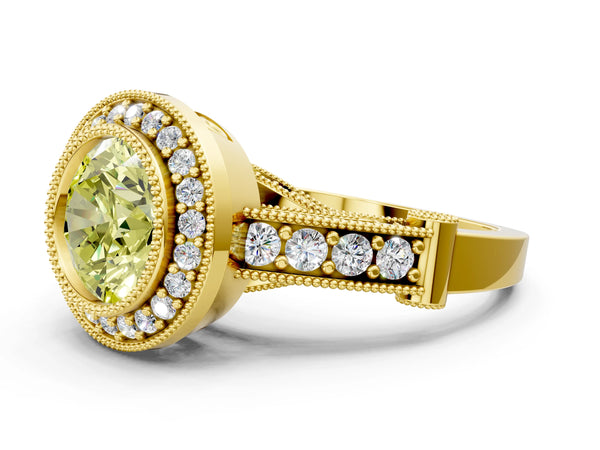 Yellow Gold Round Vintage Bezel Halo Engagement Ring Setting for Fancy Yellow Center