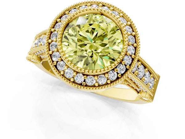 Yellow Gold Round Vintage Bezel Halo Engagement Ring Setting for Fancy Yellow Center