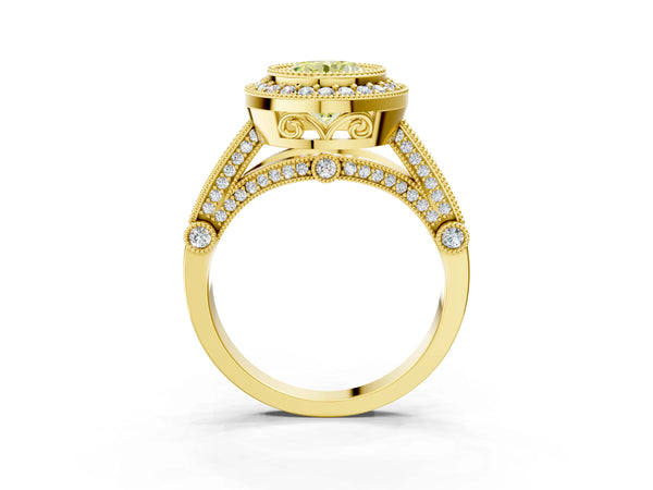Yellow Gold Round Vintage Bezel Halo Engagement Ring Setting for Fancy Yellow Center