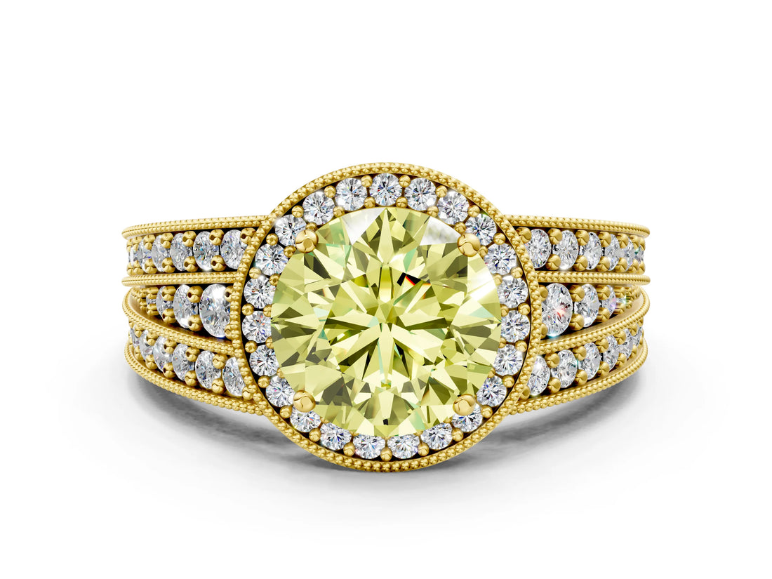 Yellow gold Fancy Yellow Round Cut Halo Diamond Split Shank Ring with Prong Setting