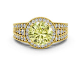 Yellow gold Fancy Yellow Round Cut Halo Diamond Split Shank Ring with Prong Setting