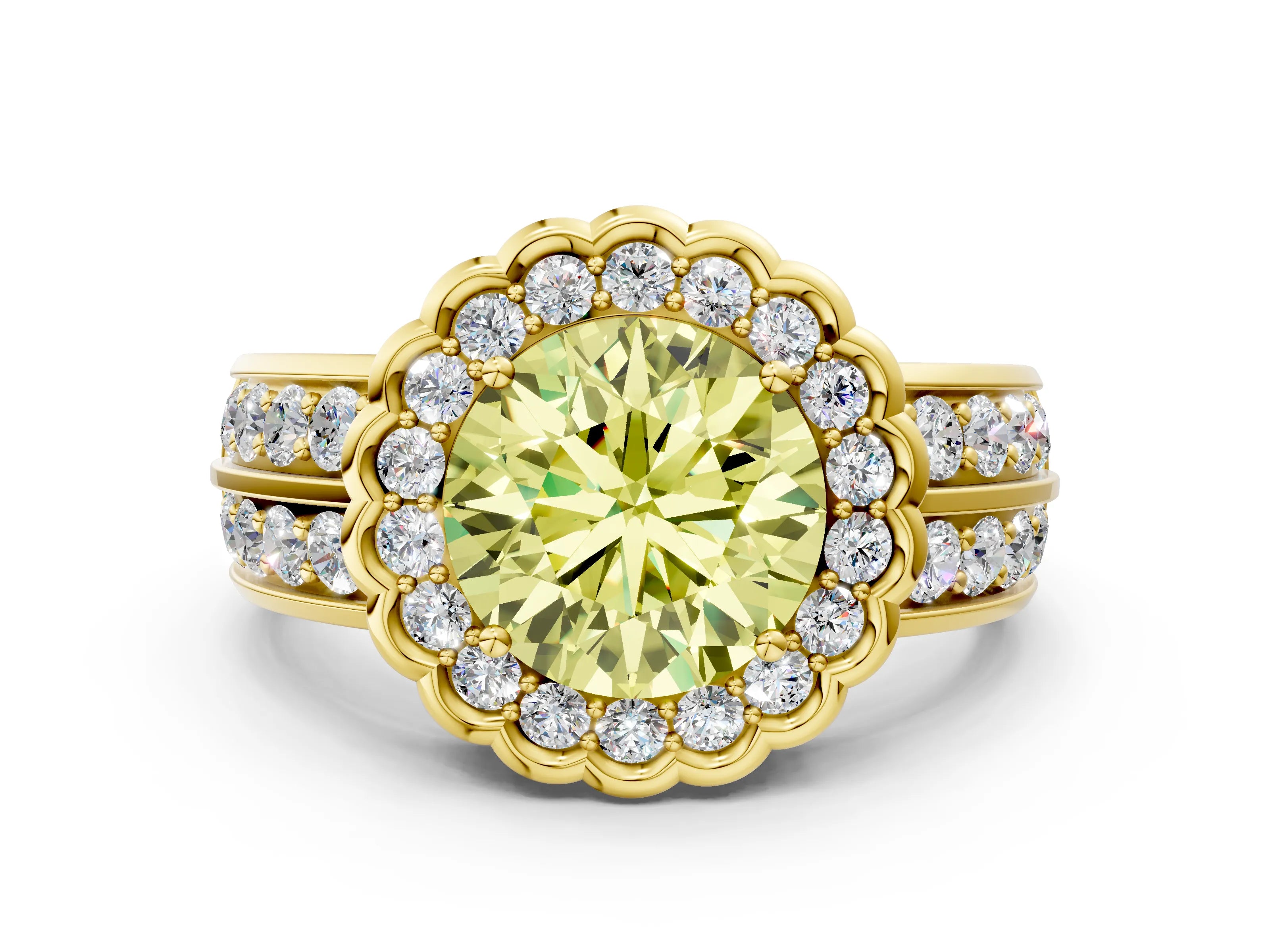 Yellow gold Fancy Yellow Round Cut Halo Diamond Split Shank Ring with Scalloped Prong Setting