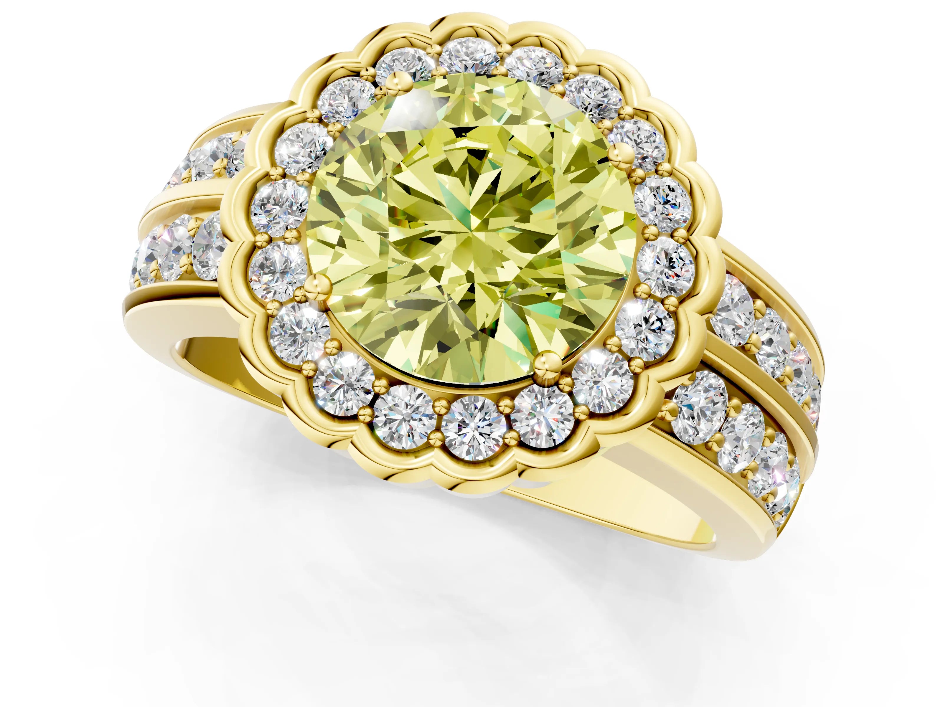 Yellow gold Fancy Yellow Round Cut Halo Diamond Split Shank Ring with Scalloped Prong Setting_1