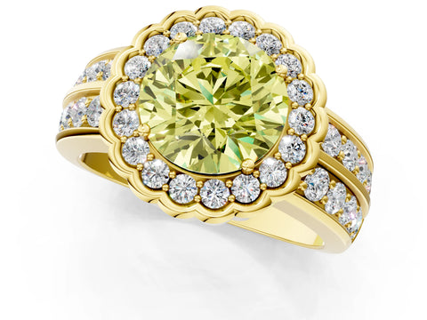 Yellow gold Fancy Yellow Round Cut Halo Diamond Split Shank Ring with Scalloped Prong Setting_1